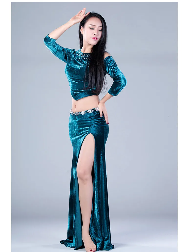 Green Осень-зима Для женщин комплект из 2 частей Bellydance костюм из бархата с длинными рукавами Блузка с боковыми юбка Корея Дизайн красный зеленый Black Rose - Цвет: Green
