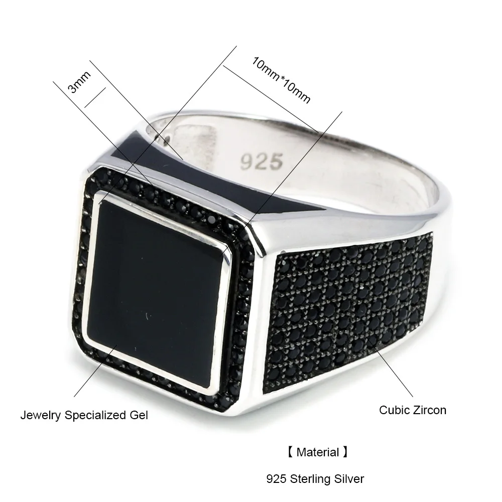 Real 925 Sterling Silver Rings Turkish Rings For Men Rings With Square Imitated Stone Black Micro Pave Zircon Turkey Jewelry