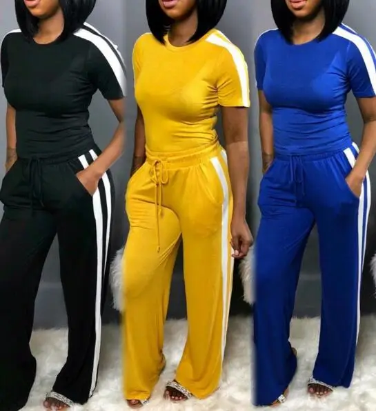 2022 women tracksuit new short sleeve stripes splicing o-neck tee top straight pants suit 2pcs set sporty outfit jumpsuit |