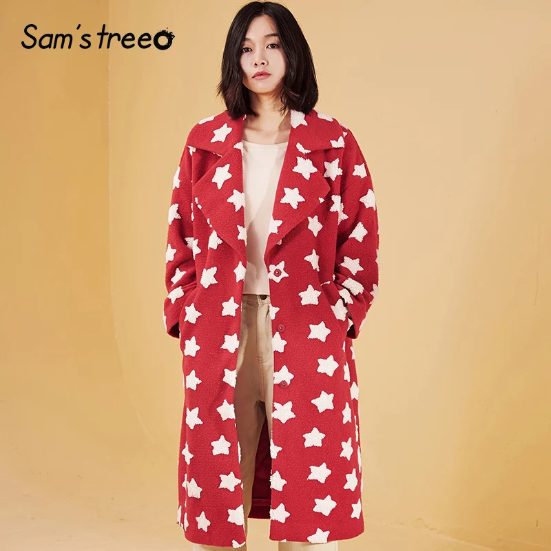 Samstree, зимнее женское пальто из смешанной ткани, с открытыми плечами, с принтом звезды, с широкой талией, женское длинное пальто Harajuku, верхняя одежда
