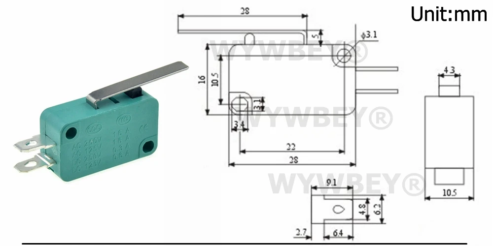 Микро-концевые выключатели 16A 250V 125V SPST 4,8 мм Ширина 2 шпильки нормально открытый 16 мм УФ-фильтр 52 мм с Arc Roller Lever сенсорный переключатель микропереключатель