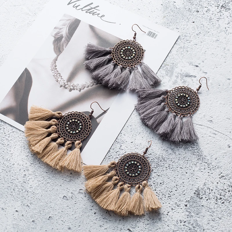 Винтажные этнические круглые висячие серьги в стиле бохо с бахромой и кисточками