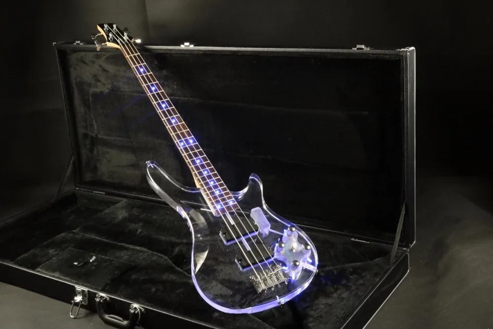 

Hot selling acrylic body 4 string quality electric bass guitar blue led light free shipping guranteed quality