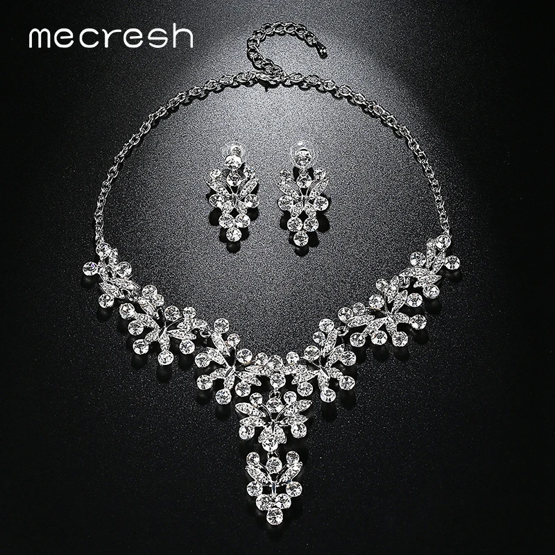 Mecresh Leaf Crystal Bridal Jewelry Sets For Women Silver Color Geometric Statement Necklace Set Fashion Wedding MTL525 | Украшения и