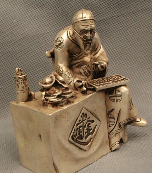 Details about 7&quotChinese Folk Fengshui Silver Lucky Money antiquity accountant Geezer Statue R0715 | Дом и сад