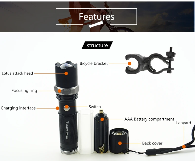 Pocketman светодиодный фонарик XM-L T6 Водонепроницаемый Linternas для аккумуляторов 18650/AAA