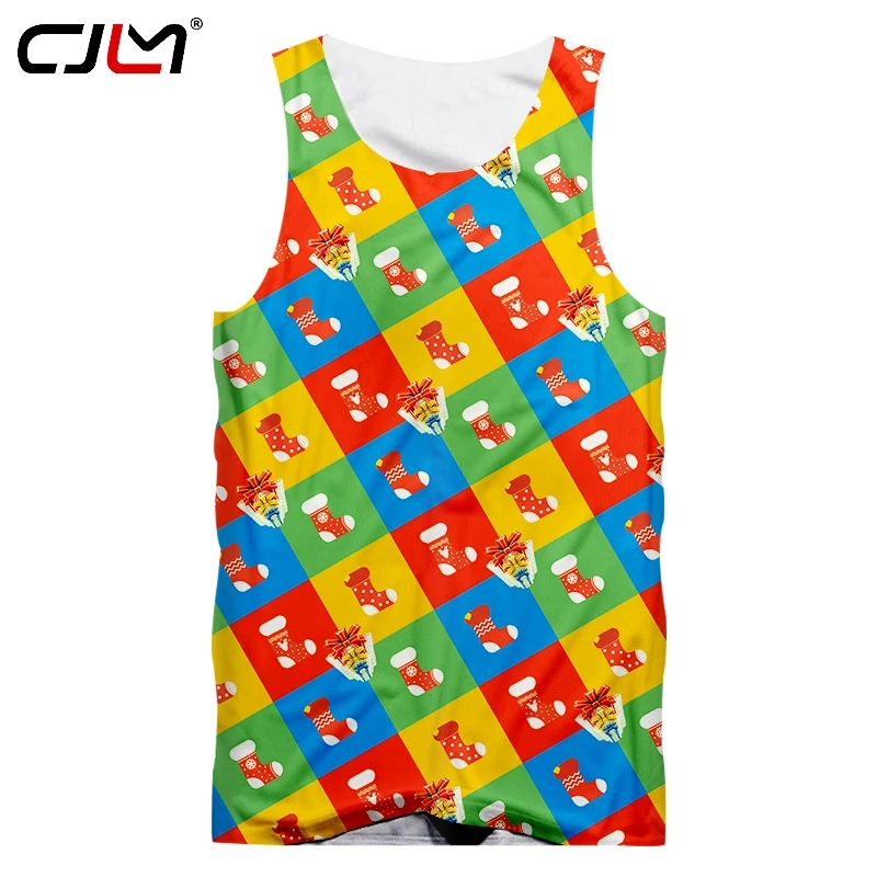

CJLM Рождественские новые мужские цветные майки с 3D принтом чулки и подарочные коробки спортивные Большие размеры спандекс 5XL одежда