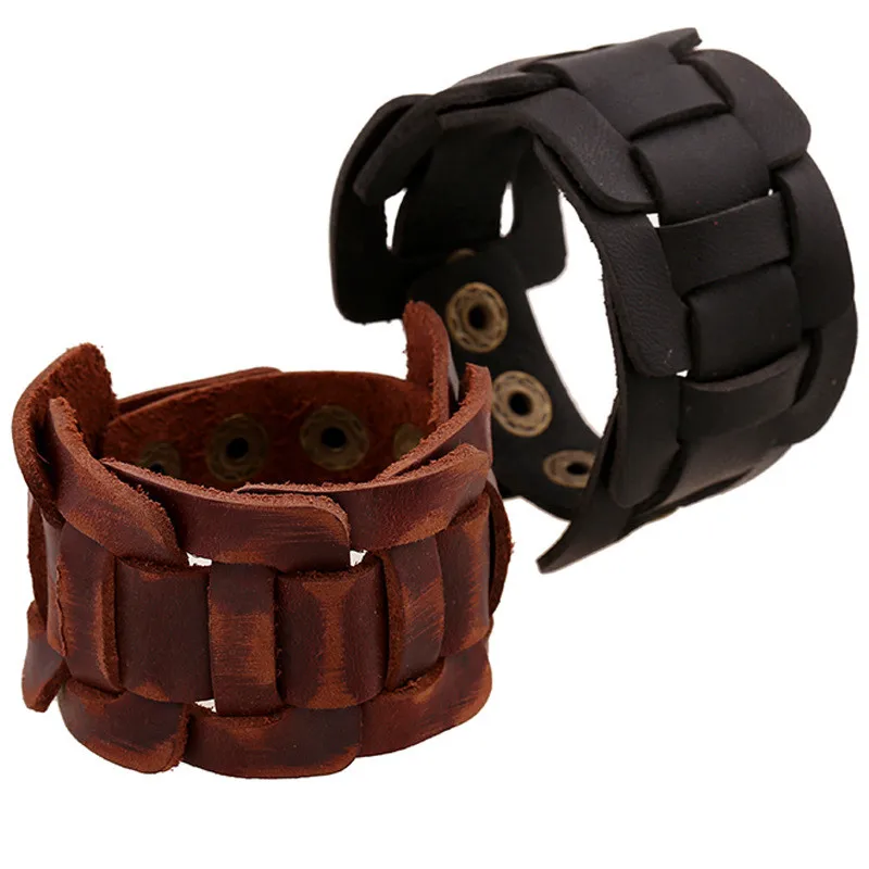 BANMAR Punk Braided Black &amp Brown Genuine Leather Bracelet With Alloy Buckle Adjustable Fashion Women Men Bracelets Jewelry | Украшения