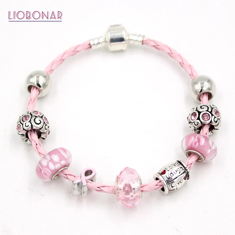 

Breast Cancer Awareness Jewelry Lampwork Murano Glass Bead Live Laught Love Pink Ribbon Breast Cancer Bracelets for Women Gifts