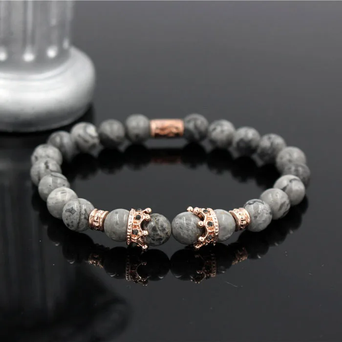 RB2824RG Винтажный браслет с шармом с короной Pulseiras Masculinas натуральный мраморный камень шарик эластичный браслет Для Йоги Женский Pulseras мужской браслет - Окраска металла: RB2824RG