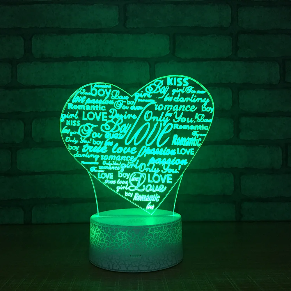 Любящее сердце 3D светодиодный RGB Ночной светильник 7 цветов Change настольная лампа