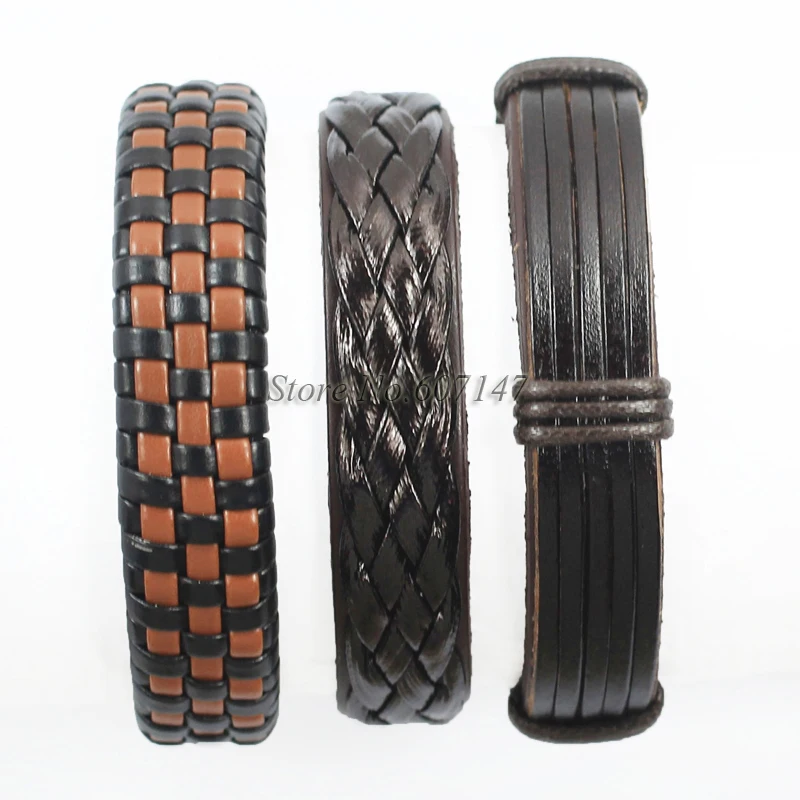 Оптовая продажа 3 шт настоящий Коричневый мужской браслет из натуральной кожи