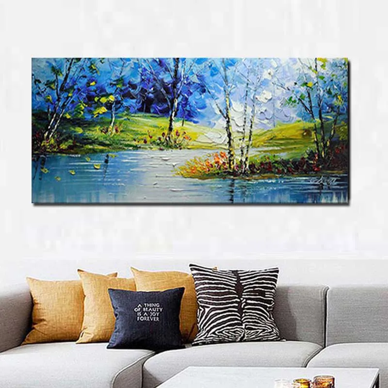 Абстрактная картина ручной работы импасто масляная река лес пейзаж холст