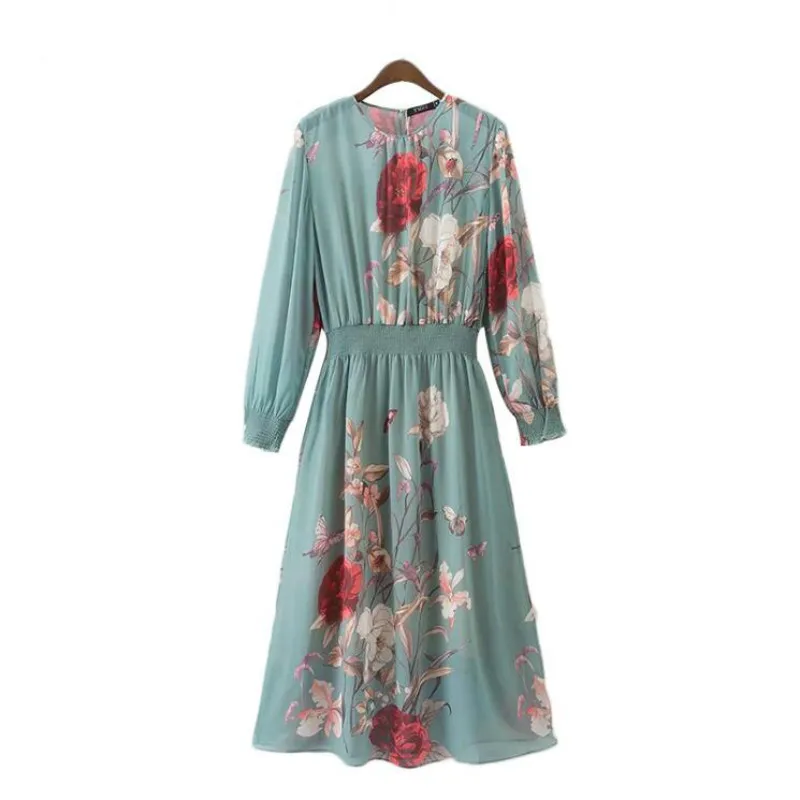 Женское шифоновое платье с длинным рукавом и эластичным поясом|woman elegant|dress vestidostwo