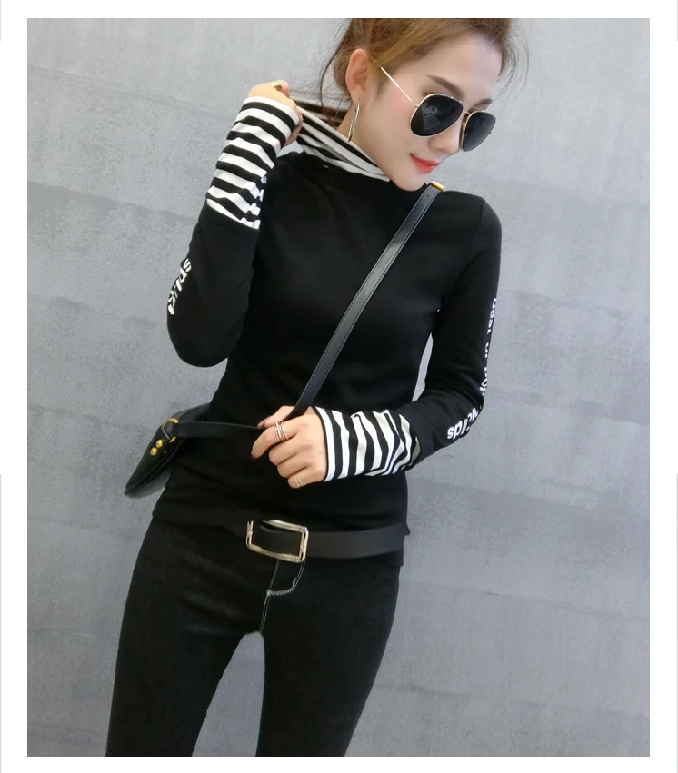 Black tshirt Европейская мода, Лоскутная полосатая плотная футболка с брошкой, Осень-зима, Топ с длинным рукавом, одежда, Camiseta Mujer, рубашка T97311 - Цвет: Black tshirt