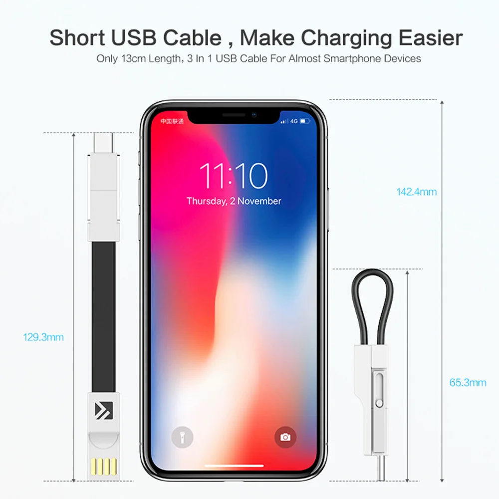 3 в 1 USB кабель Micro Type C Портативный Ключ для iPhone Xs Max 8 7 Plus Samsung 2A мини брелок зарядное
