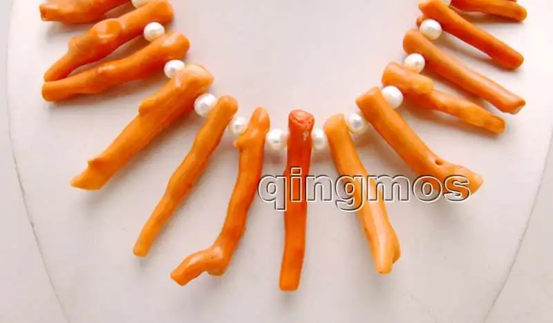 Qingmos Big 8*70mm GENUINE Pink Branch shape Coral and 8-9mm White Pearl 18&quot Necklace-nec6162 Wholesale/retail Free shipping | Украшения