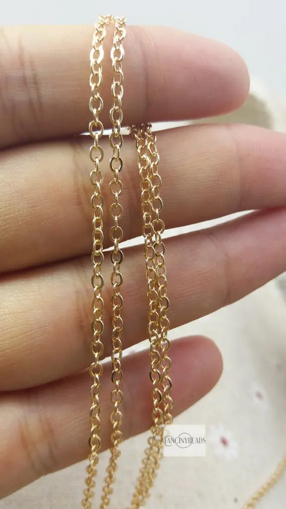 

MYLONGINGCHARM WholeSale-100 ft spool of 18 k gold Plated chain 2mm tiny flat soldered cable chain-F768