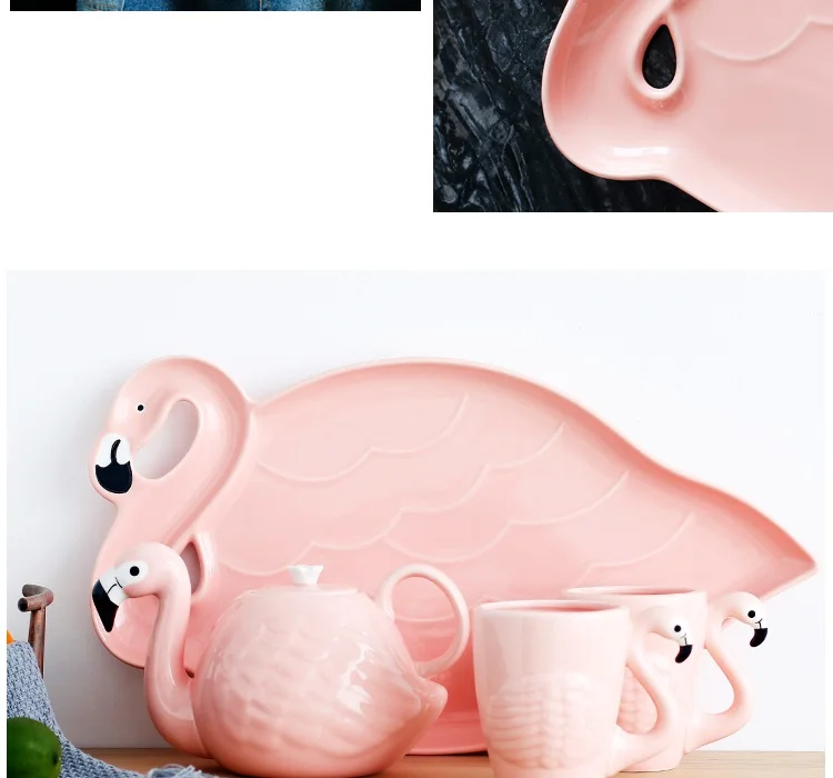 Изысканный розовый чайник с фламинго, Набор кружек с 3D животным, чашка для чая, керамическая фарфоровая кофейная кружка, подарок на день рождения, украшение дома