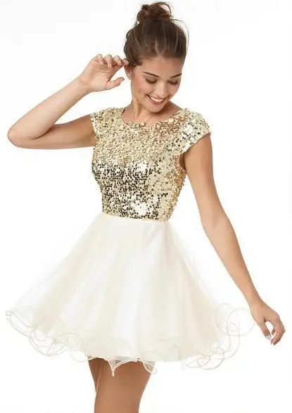 Sparkle Homecoming Dresses A-line Cap Sleeves Organza Sequins Short Mini Elegant Cocktail | Свадьбы и торжества