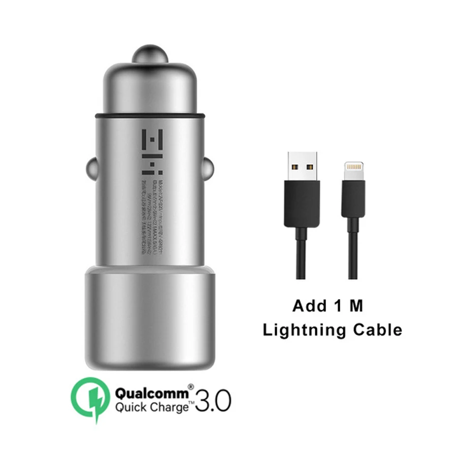 Add Lightning Cable- Оригинальное автомобильное зарядное устройство Xiaomi ZMI QC3.0, быстрая зарядка, 5 в/2,4 а, 9 в/2 а, 12 в/1,5 а, двойной USB порт, зарядное устройство для Xiaomi, iPad, samsung, iPhone - Цвет: Add Lightning Cable-