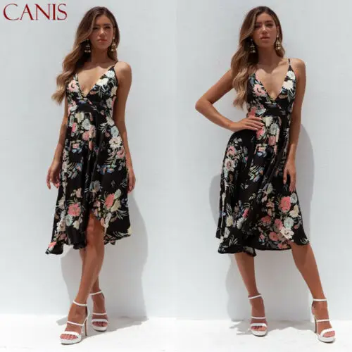 Женское платье с цветочным принтом V-образным вырезом и открытой спиной | Женская