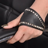 womens hip hop semi finger gloves female sexy punk rivets leather gloves bback performance gloves