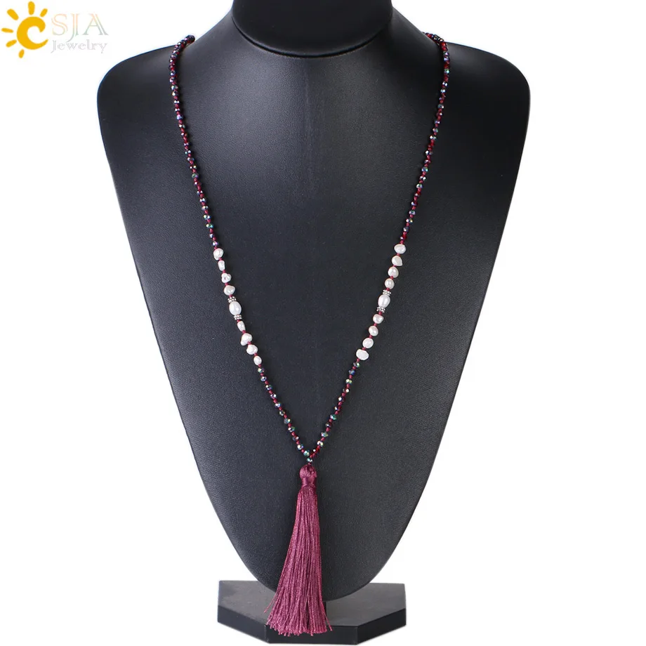 

CSJA Fringed Long Boho Necklace Glass Bead Pearl Beaded Necklaces Red Tassel for Girl Jewelry Winter Sweater Collares Largo S054