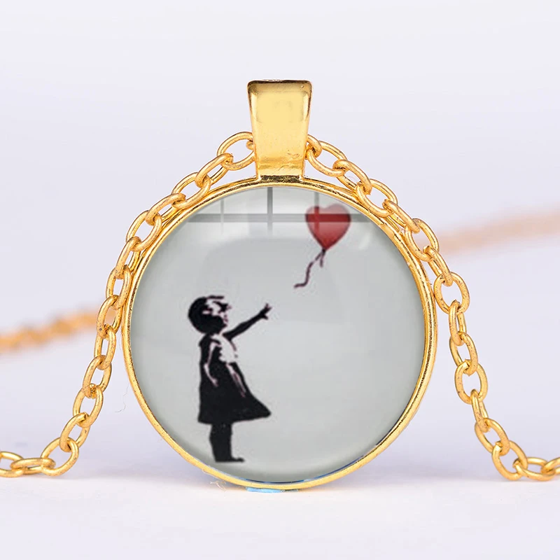 Necklace Girls with a Balloon Street Graffiti Artist Banksy Famous Painting Glass Cabochon Metal Pendant Chain Necklaces Jewelry | Украшения