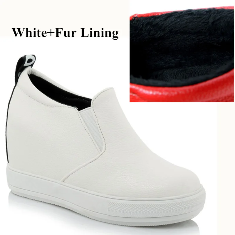 white with fur Модные женские ботильоны на платформе и высоком каблуке; пикантная обувь, увеличивающая рост; цвет красный, белый; женские повседневные кроссовки на танкетке с мехом - Цвет: white with fur