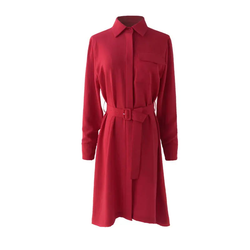 

Korean chic Fashion Long Sleeve Shirt Dress Women 2019 Spring Elegant Ladies Red Dresses Turn Down Collar Midi Dresses with Belt