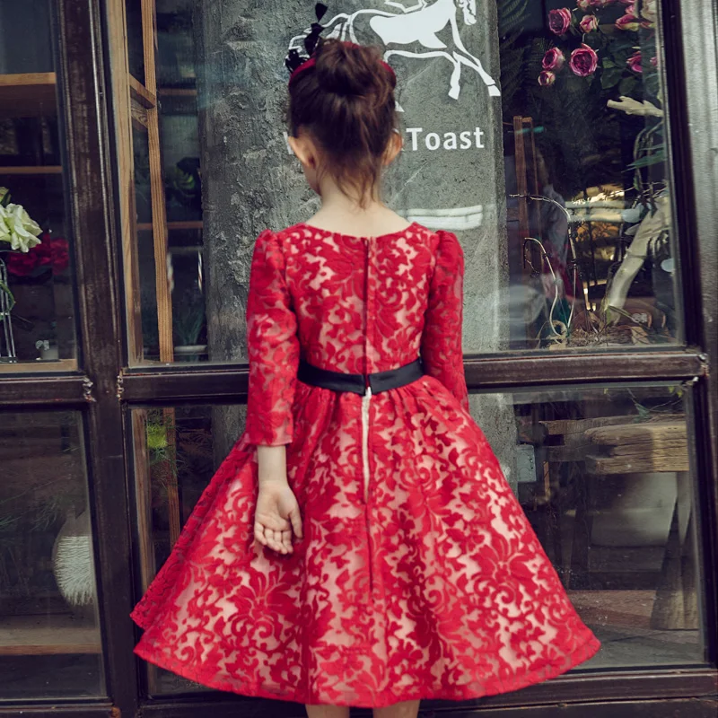 

Luxury Red Princess Dress Long Sleeve Children Ball Gown with belt Baby Kids Fancy Party Dress Embroidery Floral Dresses A80