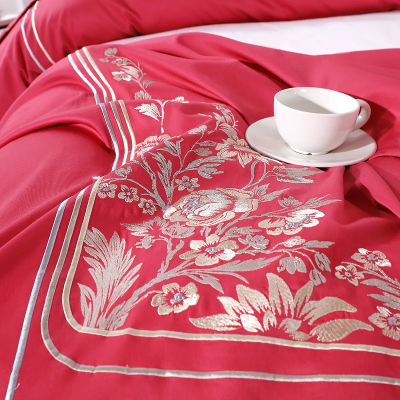 

Luxury 100S Carmine Bedding Sets 4pcs Embroidery Design 100% Cotton Duvet Cover Set Queen King Size Double Bed Sheet Set