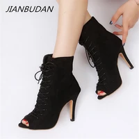 jianbudanopen toe high heel womens summer boots roman style autumn ankle boots lace up suede fashion high heel boots 34 43