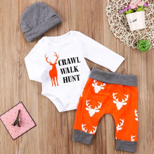 Christmas Newborn Infant Kids Happy Baby Boys Girls Clothes Romper Pants Hat Lovely Clothing Outfits Set 3Pcs | Детская одежда и