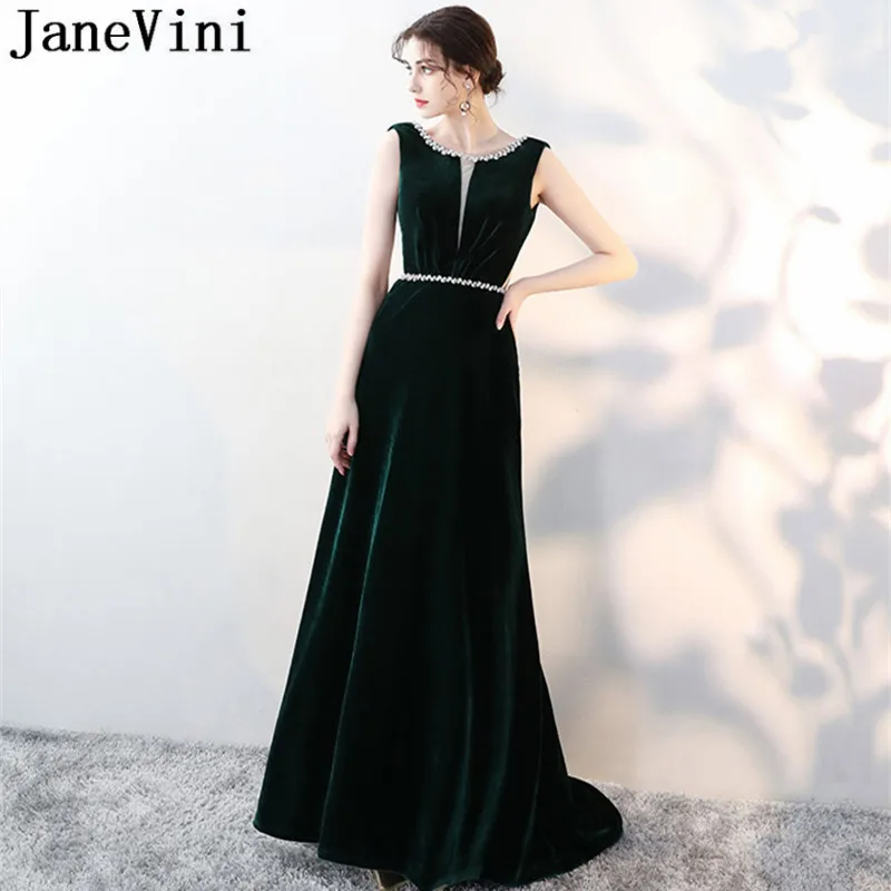 

JaneVini Sexy Ladies Burgundy Bridesmaid Dresses Velvet Long Beaded Collar Prom Dress Backless Dark Green Wedding Guest Dress