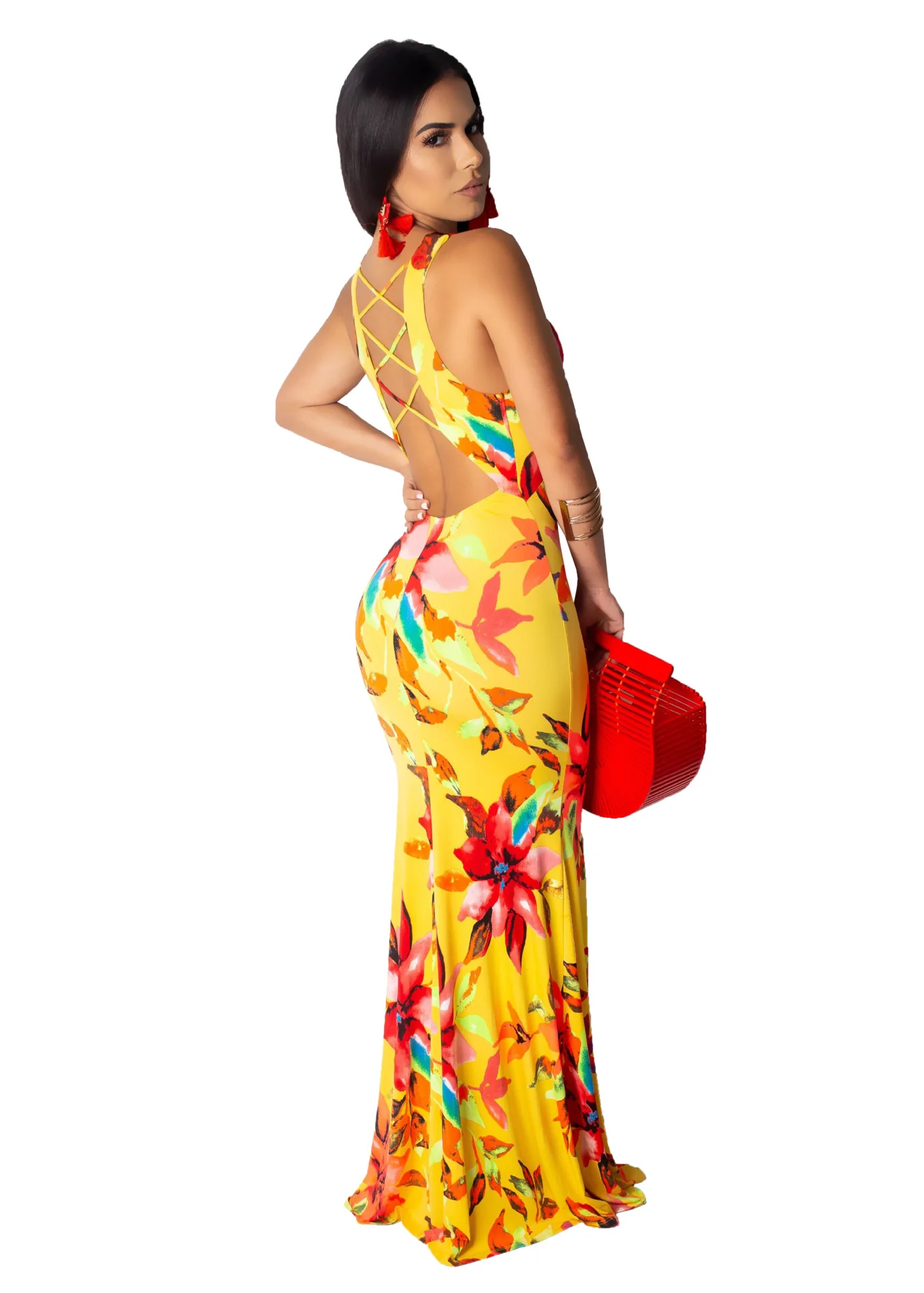 

Sexy Floral Print Deep V Backless Strap Trumpet Women Elegant Vintage Dress Maxi Dresses Party Dress Vestidos