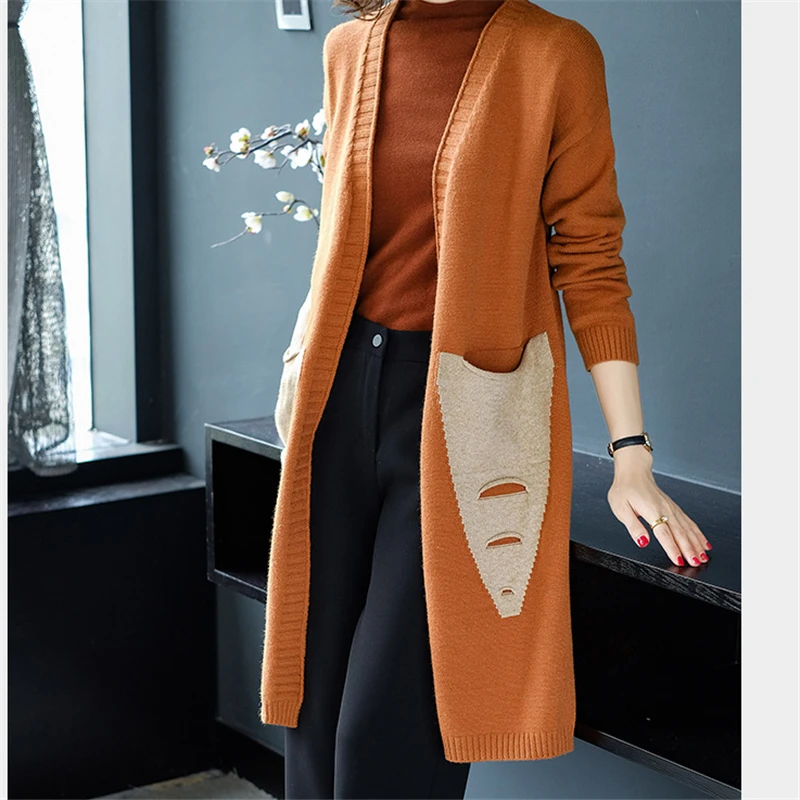 

Sweater Female Spring Autumn Women New 2020 Korean Loose color matching long section Long-sleeved Sweater cardigan Coat W097