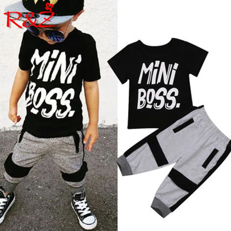 R&ampZ children's suit 2019 summer new boy cotton casual letter round neck T-shirt harem pants two-piece |