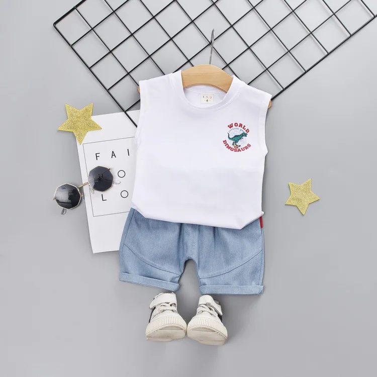 Зеленый Toddler Boy Clothes Children's Summer New Cartoon Pullover Vest Shorts Two-piece Boy's Children's Sleeveless Vest Suit - Цвет: Зеленый