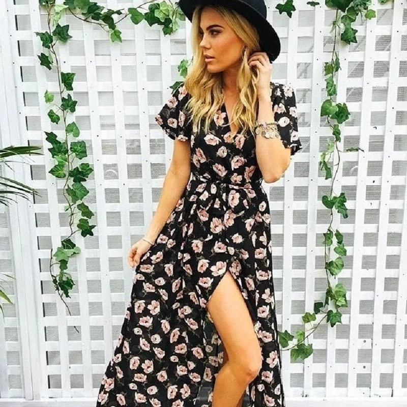

Big Size Summer Beach Dress 2019 Big Swing High Split Long Vintage Floral Dress Women Vacation Chiffon Women's Casual Dress Robe