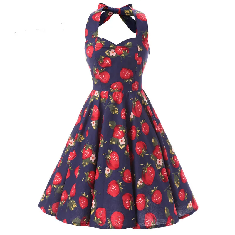 

Women vintage dress Halter Strawberry Print blue dress girls 1950s swing dress