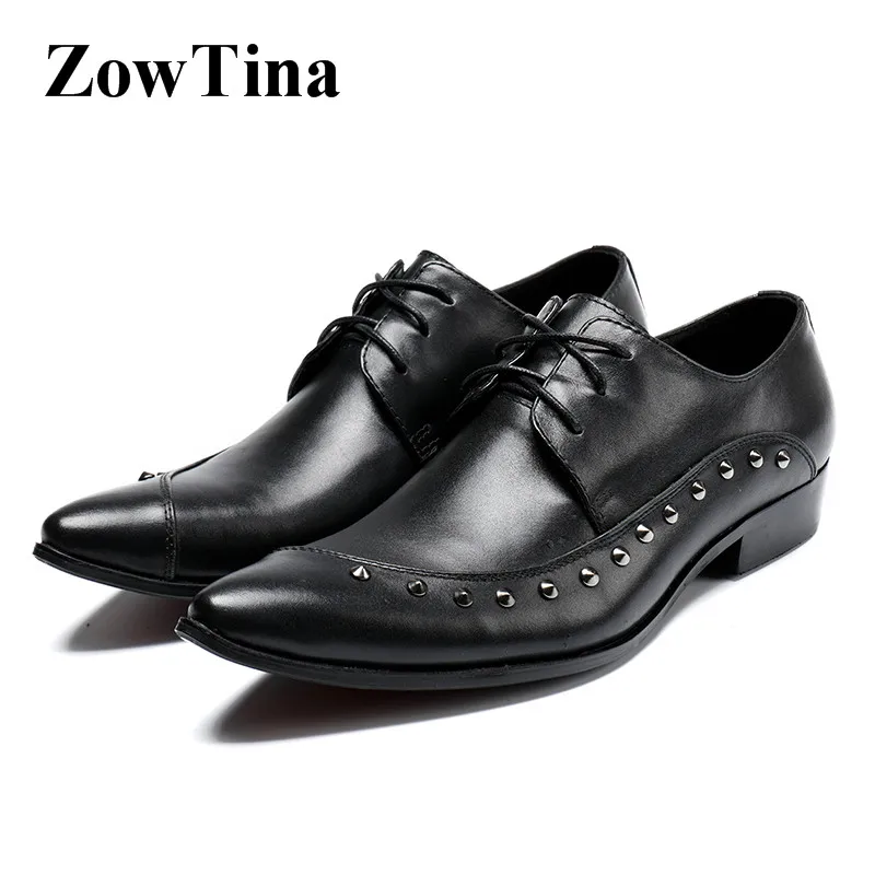 

Men Black Genuine Leather Oxford Shoes Spike Rivets Formal Business Dress Flats Lace Up Zapatillas Hombre Wedding Shoes Man