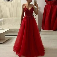 long evening dress 2019 sexy burgundy spaghetti straps appique beaded v neck tulle special occasion gowns prom dresses