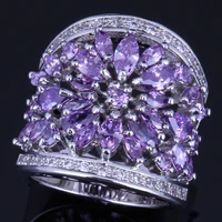 magnificent huge purple cubic zirconia white cz silver plated ring v0160