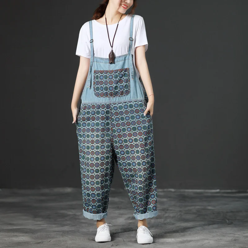 

Oversize Loose Pattern Denim Rompers Pants Young Women Boyfriend Style Bib Overalls Baggy Harem Trousers Wide Leg Jeans Jumpsuit