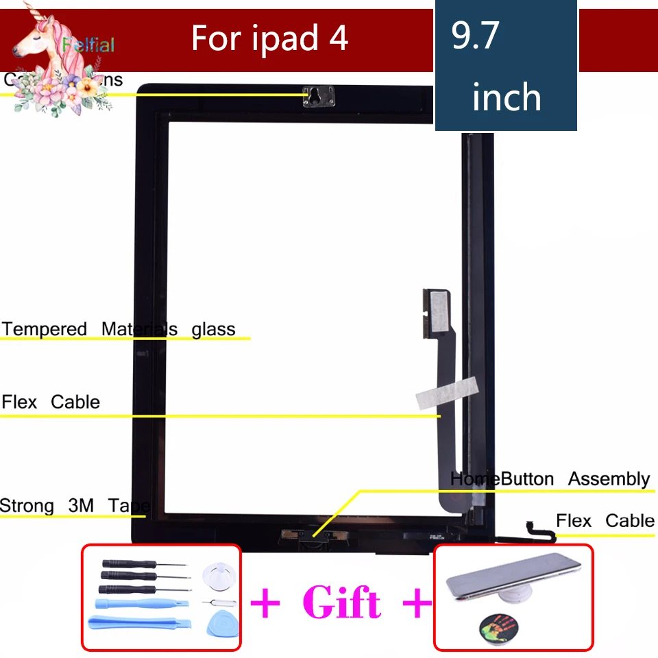 

original Touch Screen Digitizer for iPad 4 A1458 A1459 A1460 Glass Panel includes Home Button + Sticker +Camera Holder & Tools
