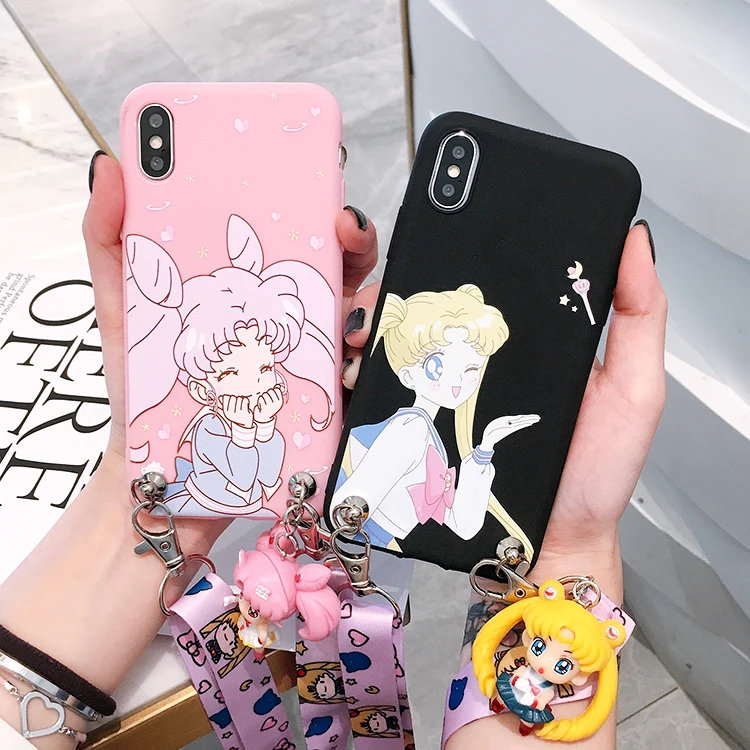 Для iPhone XR милый 3D Сейлор Мун чехол для телефона для iPhone X XS Max 4S 5S SE 6S 6plus 7plus 8 plus мультяшная задняя крышка+ ремешок+ игрушка