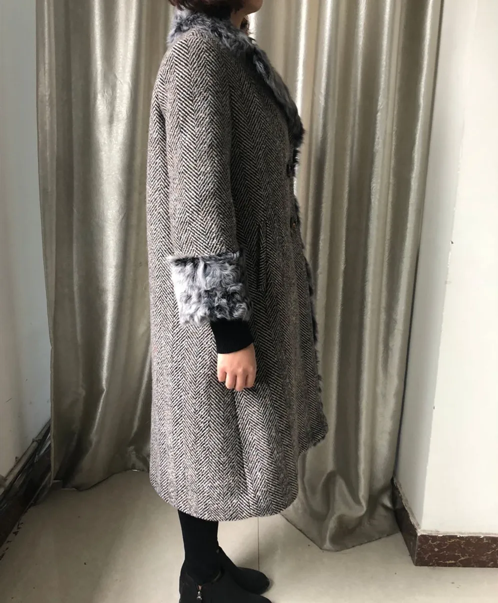 Zizhen длинное пальто натуральный мех ягненка меховой подстежкой на толстом твидовое пальто отложной воротник зима Для женщин 180921-8, KQN18121