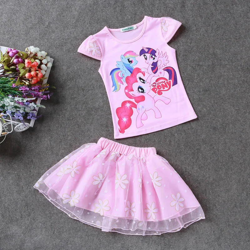 2018 новые Zomer Kinderkleding комплекты маленькая футболка с изображением пони + Туту Rok 2 stks